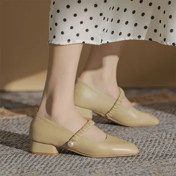 Yeni Vintage Patent Deri Mary Jane Ayakkabı Kadınlar için Kare Ayak Pompaları İnciler Orta Topuklu Ofis Ayakkabı kadın Elbise Ayakkabı