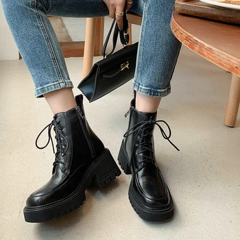 YENİ Sonbahar / Kış Ayakkabı Kadın Bölünmüş Deri yarım çizmeler Yuvarlak Ayak Tıknaz Ayakkabı Kadınlar için Katı Platform Çizmeler Eğlence Siyah Çizmeler