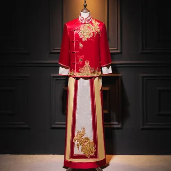 Çin Tarzı Evlilik Seti Damat Kostüm Düğün Giyim Boncuk Sequins Cheongsam Tost Giyim китачская одечда