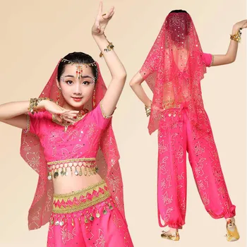 Çocuk Oryantal Dans Performansı Profesyonel Giyim Kız çocuk Günü Gösterisi Kostümleri Hint Dans Uygulama Kaliteli Set H4524
