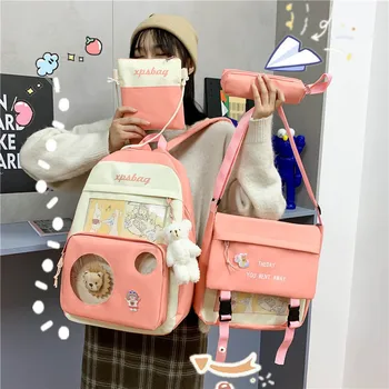 Çocuk sırt çantası keten sırt çantası Yeni Kore Baskı Genç Öğrenci Schoolbag Lüks Kız 4 Parça Ücretsiz Kargo