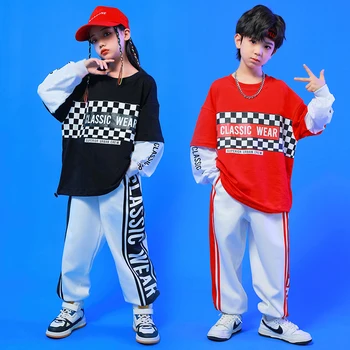 Çocuklar Genç Kpop Kıyafetler Hip Hop Giyim Kırmızı Kazak Üstleri Rahat Joggers Pantolon Kız Erkek Dans Giyim Kostüm Elbise