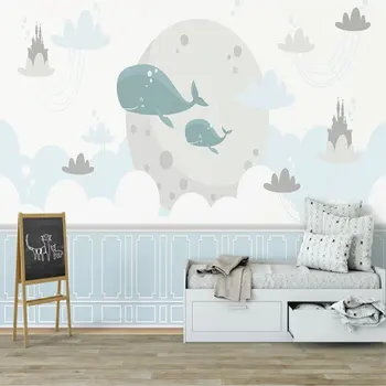 Özel Duvar Kağıdı Karikatür Mavi Gökyüzü Beyaz Bulut Küçük Balık Mavi Çocuk Odası Arka Plan duvar tablosu
