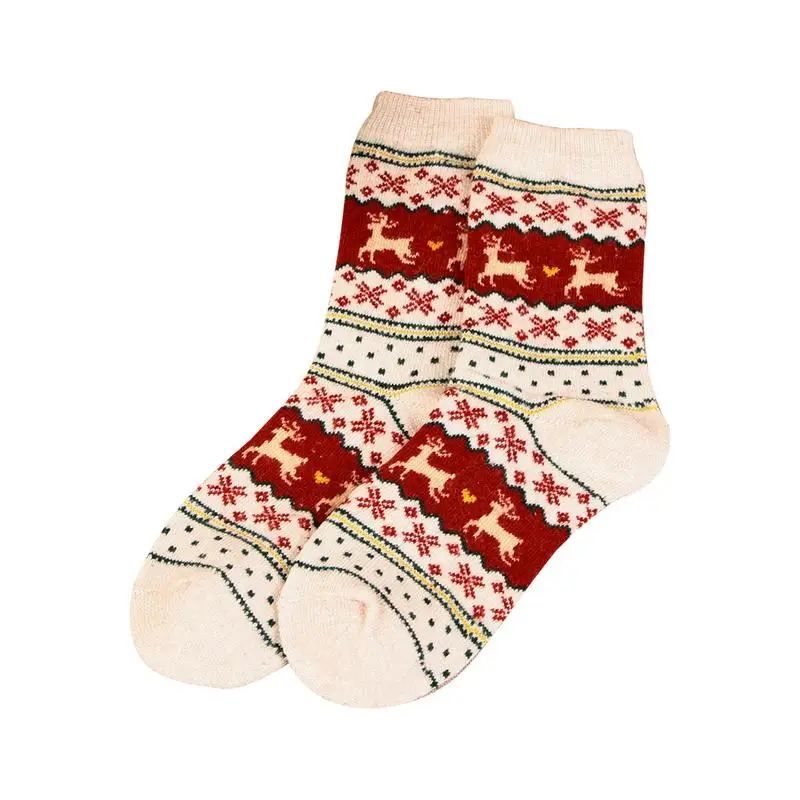 1 Çift Kış Kadın Çorap Sıcak Yün Noel Orta buzağı Çorap Yün Kar Tanesi Geyik Rahat Hediye Kızlar Sevimli Meias Görüntü 4