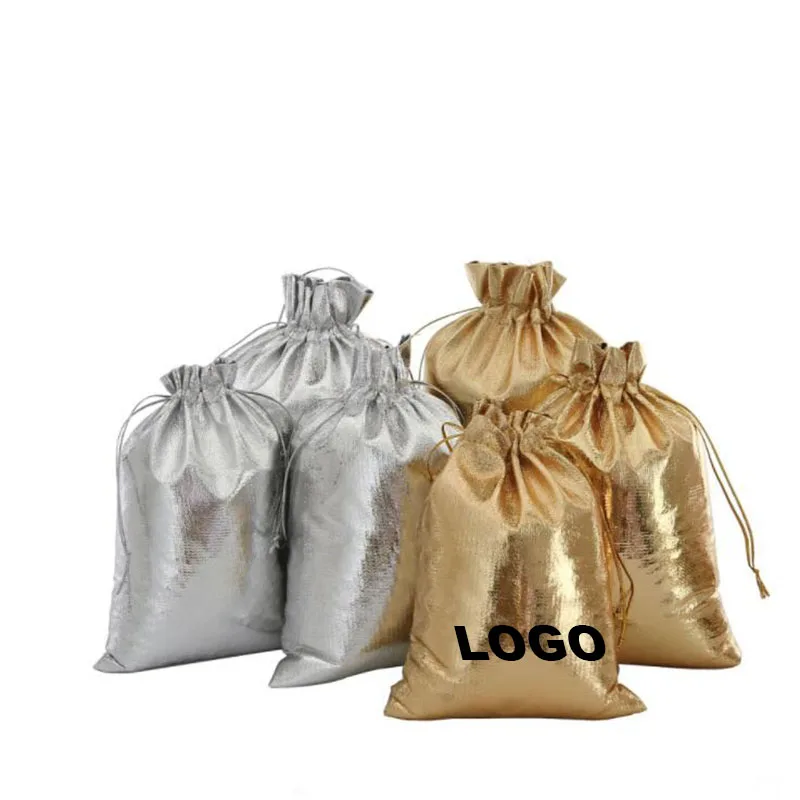 100 Özel logo baskı Küçük Takı Ambalaj Gümüş Altın Folyo Kumaş İpli Çanta Düğün Makyaj ambalaj hediye keseleri Torbalar Görüntü 3