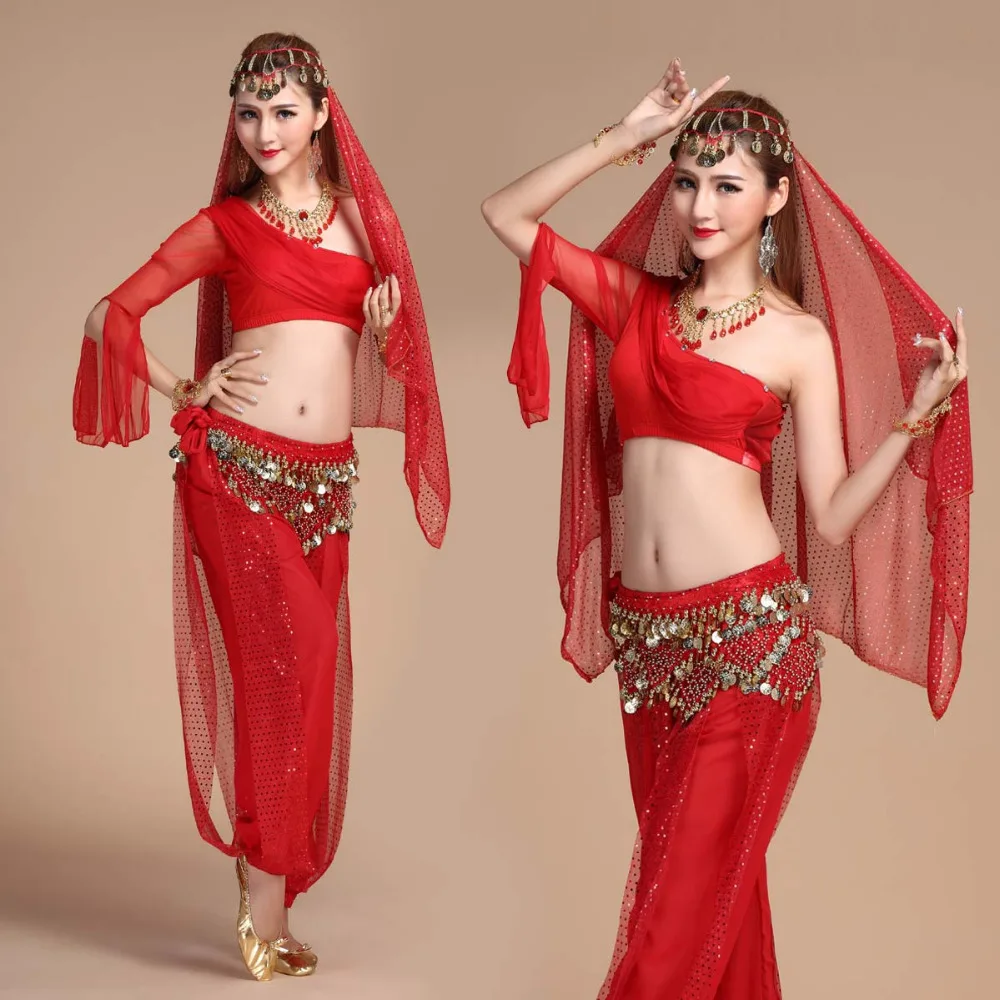 2017 Yeni Seksi Oryantal Dans Kostüm Set 5 ADET(Üst+Pantolon+Bel Zinciri+peçe+Bilezik çifti) Bollywood / Hint Dans Kostümleri Giyim Görüntü 0