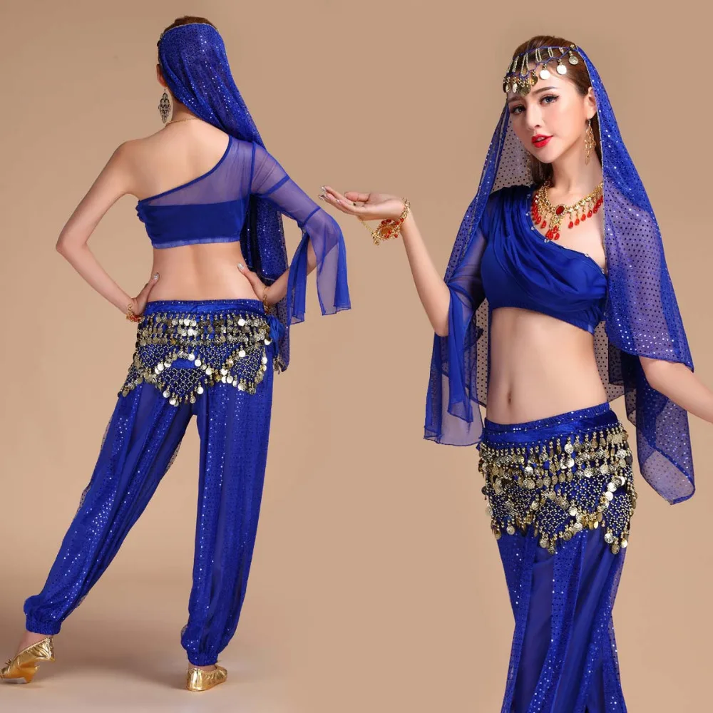 2017 Yeni Seksi Oryantal Dans Kostüm Set 5 ADET(Üst+Pantolon+Bel Zinciri+peçe+Bilezik çifti) Bollywood / Hint Dans Kostümleri Giyim Görüntü 1