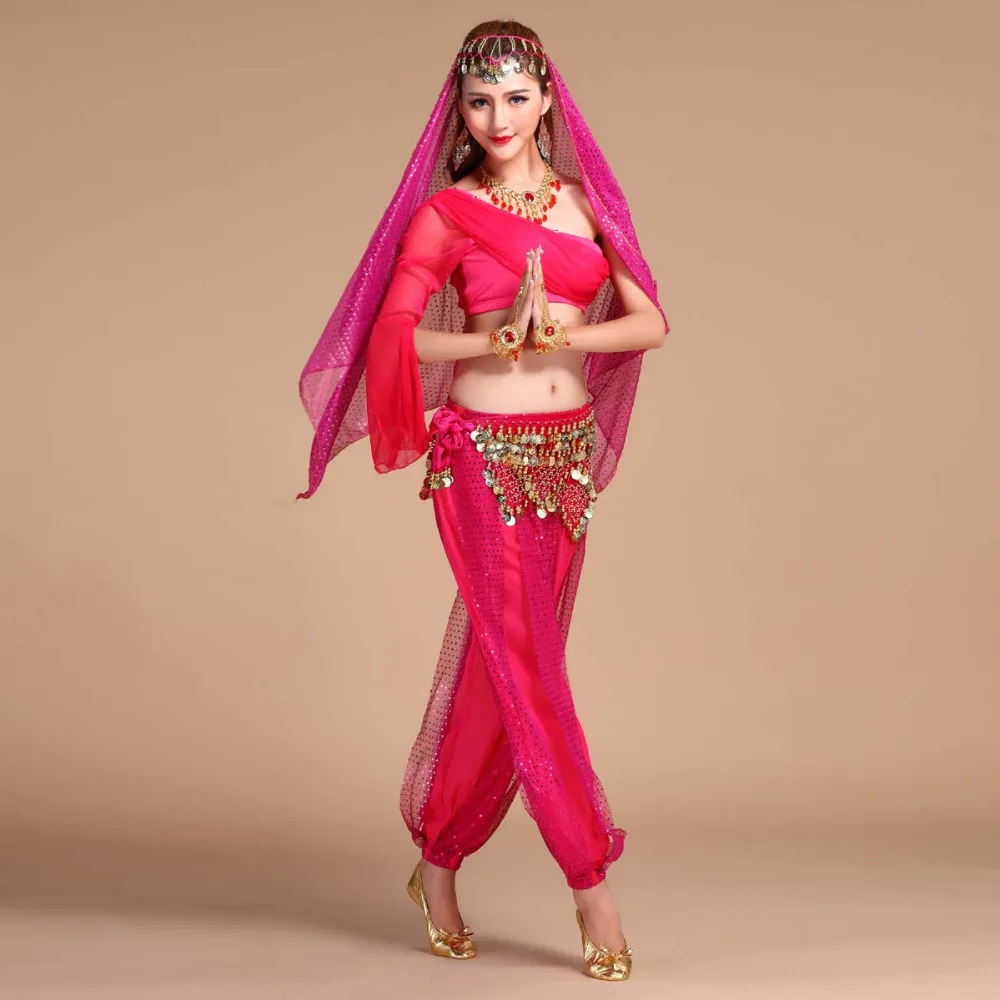 2017 Yeni Seksi Oryantal Dans Kostüm Set 5 ADET(Üst+Pantolon+Bel Zinciri+peçe+Bilezik çifti) Bollywood / Hint Dans Kostümleri Giyim Görüntü 2