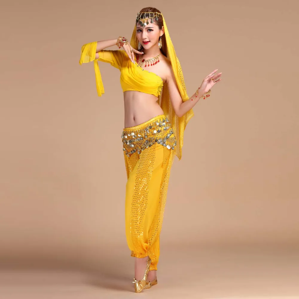 2017 Yeni Seksi Oryantal Dans Kostüm Set 5 ADET(Üst+Pantolon+Bel Zinciri+peçe+Bilezik çifti) Bollywood / Hint Dans Kostümleri Giyim Görüntü 4