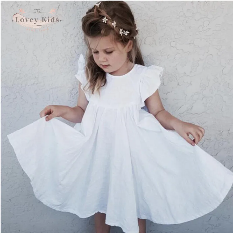 2021 Bahar Bebeğim Elbise Ruffle Sinek Boyun Sağlam Bir-line Mini Elbiseler Tatlı Bebek Keten Elbise Kol O Beyaz Prenses  Görüntü 0