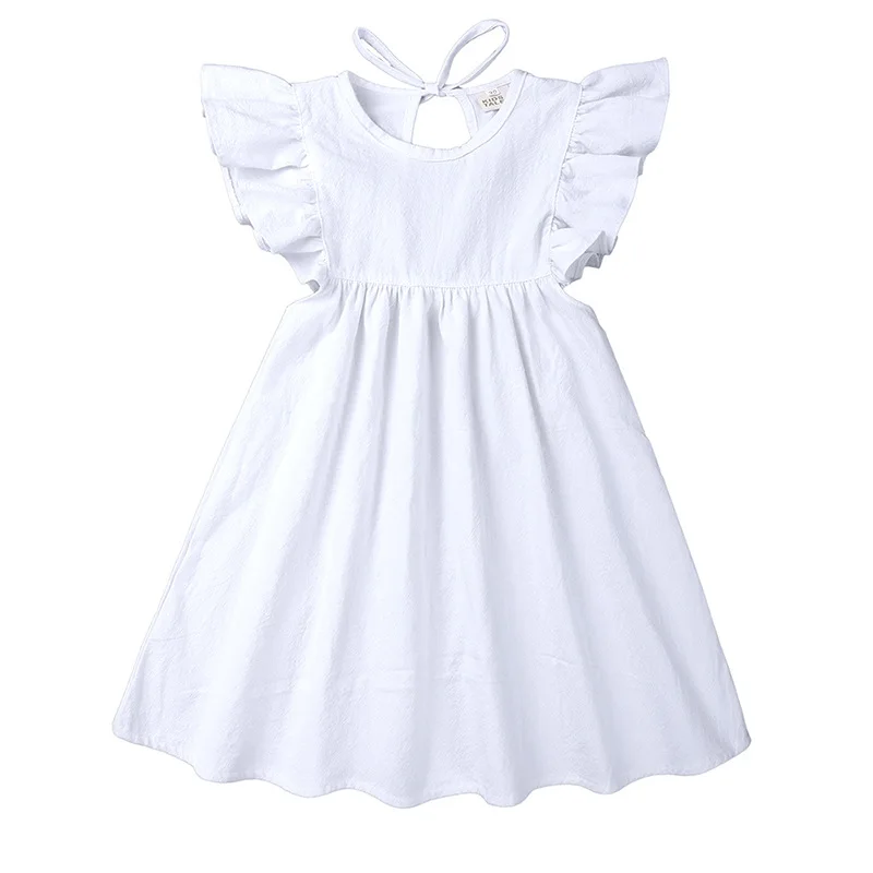 2021 Bahar Bebeğim Elbise Ruffle Sinek Boyun Sağlam Bir-line Mini Elbiseler Tatlı Bebek Keten Elbise Kol O Beyaz Prenses  Görüntü 2