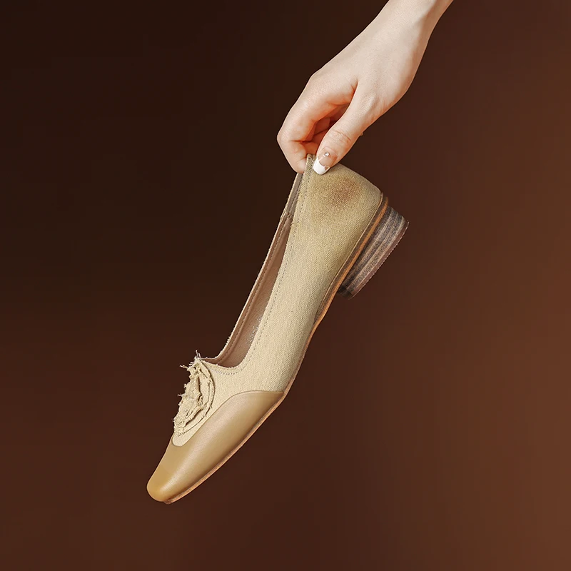 2023 yeni bahar kadın pompaları doğal deri 22-25cm uzunluk İnek Derisi+kot ayakkabı kadın moda çiçek Fransız zarif ayakkabı Görüntü 0