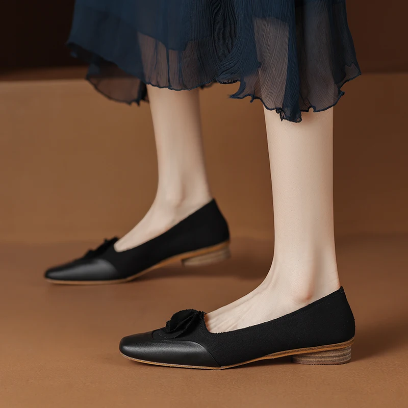 2023 yeni bahar kadın pompaları doğal deri 22-25cm uzunluk İnek Derisi+kot ayakkabı kadın moda çiçek Fransız zarif ayakkabı Görüntü 4