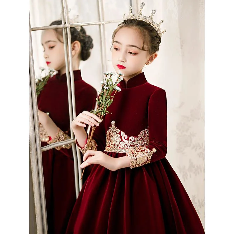 Altın Dantel Çocuklar Çiçek Kız uzun elbise Çocuk Gelinlik Resmi Zarif Prenses Elbise Vestido Düğün Parti Kız Giysileri Görüntü 3