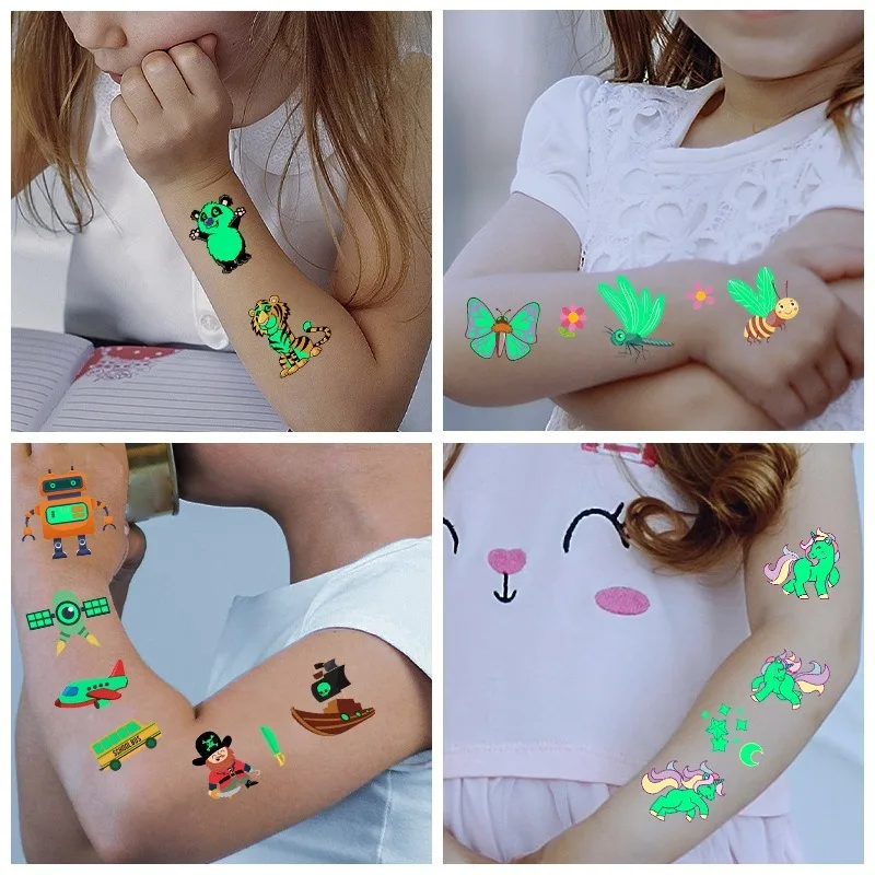 Dövme Çıkartmalar Aydınlık Çocuk Çocuk Geçici Sahte Dövmeler Glow Macun Yüz Kol Bacak Çocuklar için Vücut Sanatı Mermaid Sticker Görüntü 2