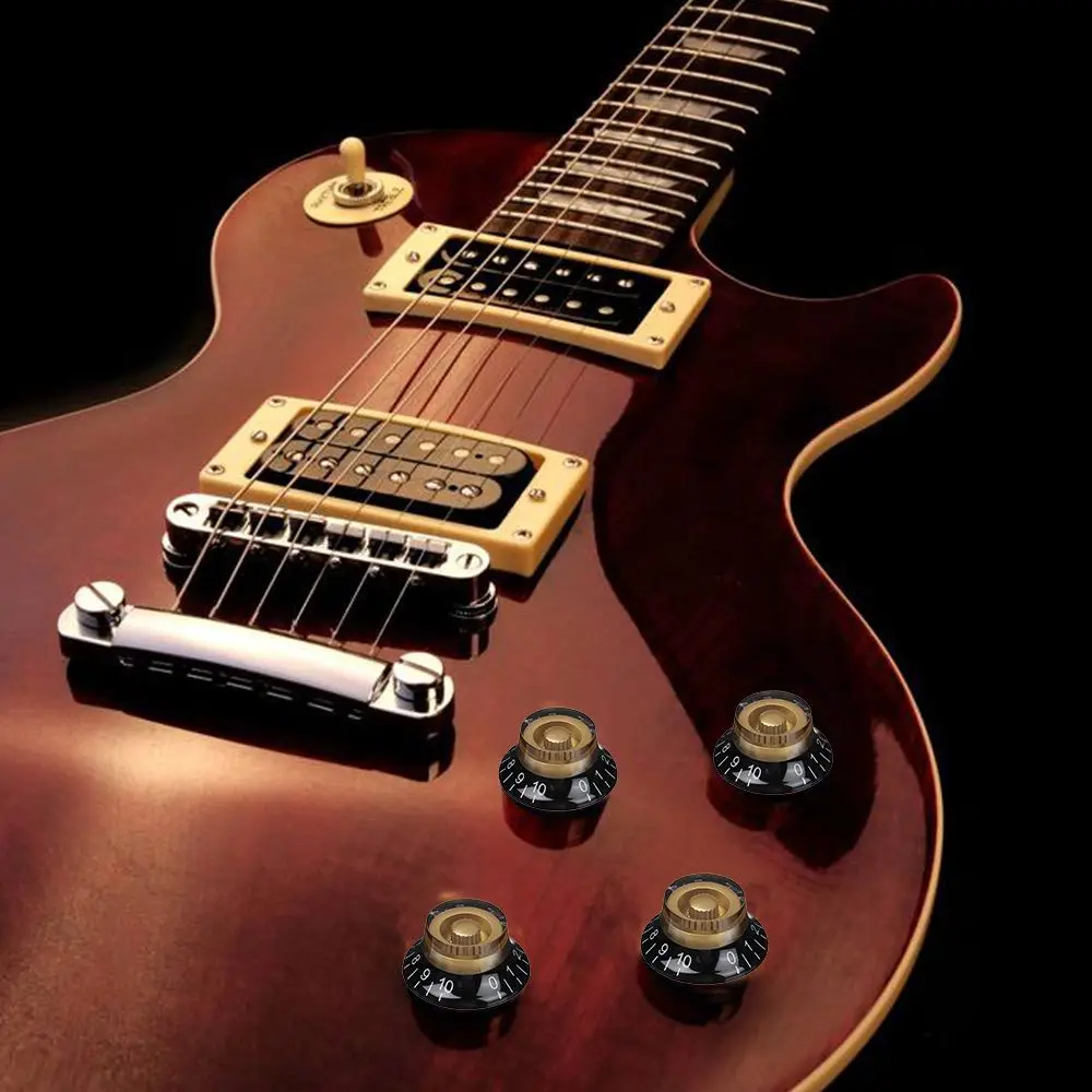 Elektro Gitar Bas Ses Düğmesi Şapka Şekli Hız Ayar Kontrol Siyah ve Altın Beyaz Numaraları plastik anahtar Les Paul LP Görüntü 3