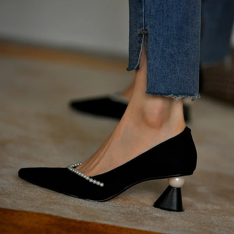 Kadın ayakkabısı 2022 Yeni topuklu ayakkabılar Küçük Kare Kafa Şeklinde Yüksek Topuklu Siyah Viskon Boncuklu Kalın Topuk Pompaları Kadın Görüntü 4