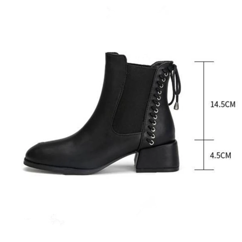 Kadın İlkbahar Sonbahar Chelsea Çizmeler Bayan Moda Geri Lace Up PU deri siyah ayakkabı 2023 yeni ayakkabı Kadın Kore Moda Hediye Görüntü 5