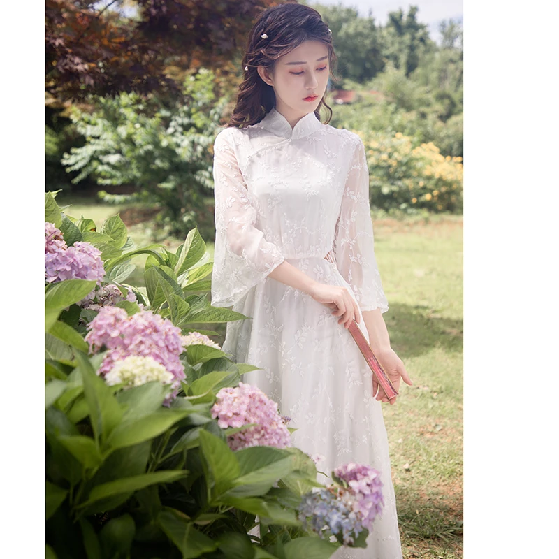 Kadın Vadi Işlemeli Inci Belsiz Seksi Cheongsam Vestidos Retro Elbise Yaz Geliştirilmiş Beyaz peri elbisesi Görüntü 0