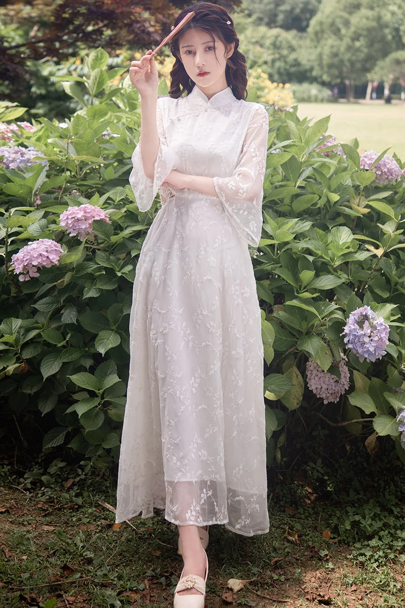 Kadın Vadi Işlemeli Inci Belsiz Seksi Cheongsam Vestidos Retro Elbise Yaz Geliştirilmiş Beyaz peri elbisesi Görüntü 3
