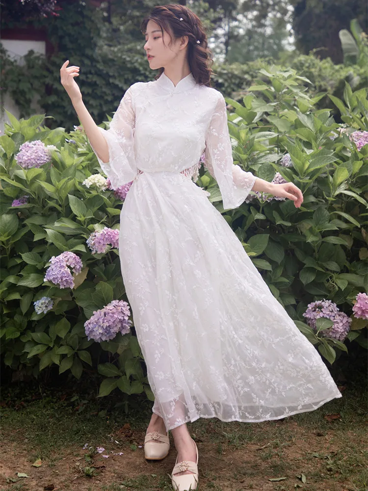 Kadın Vadi Işlemeli Inci Belsiz Seksi Cheongsam Vestidos Retro Elbise Yaz Geliştirilmiş Beyaz peri elbisesi Görüntü 4