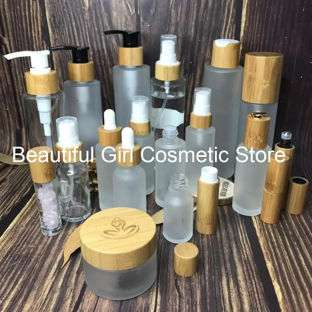 kozmetik ambalaj losyon buzlu cam şişe serum 30ml parfüm sprey şişesi bambu siyah pompa kapağı bambu pipet şişesi Görüntü 1