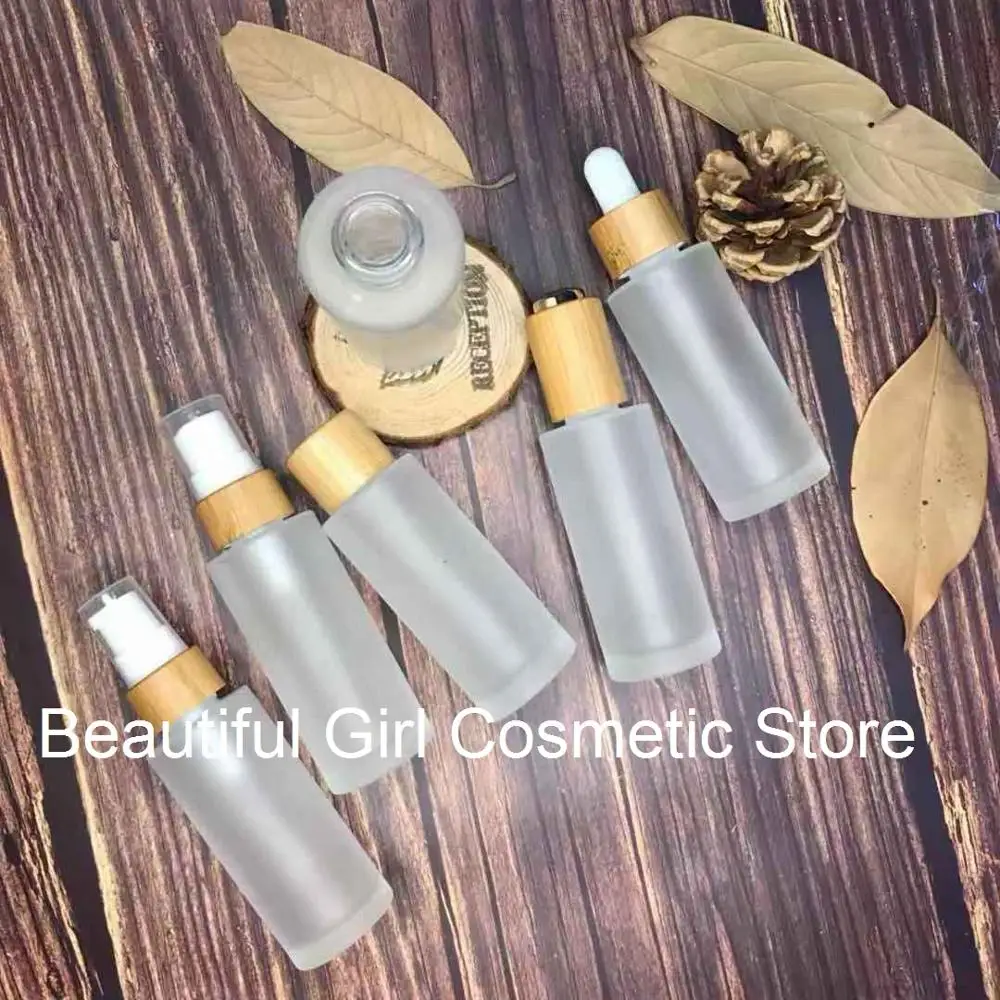 kozmetik ambalaj losyon buzlu cam şişe serum 30ml parfüm sprey şişesi bambu siyah pompa kapağı bambu pipet şişesi Görüntü 2