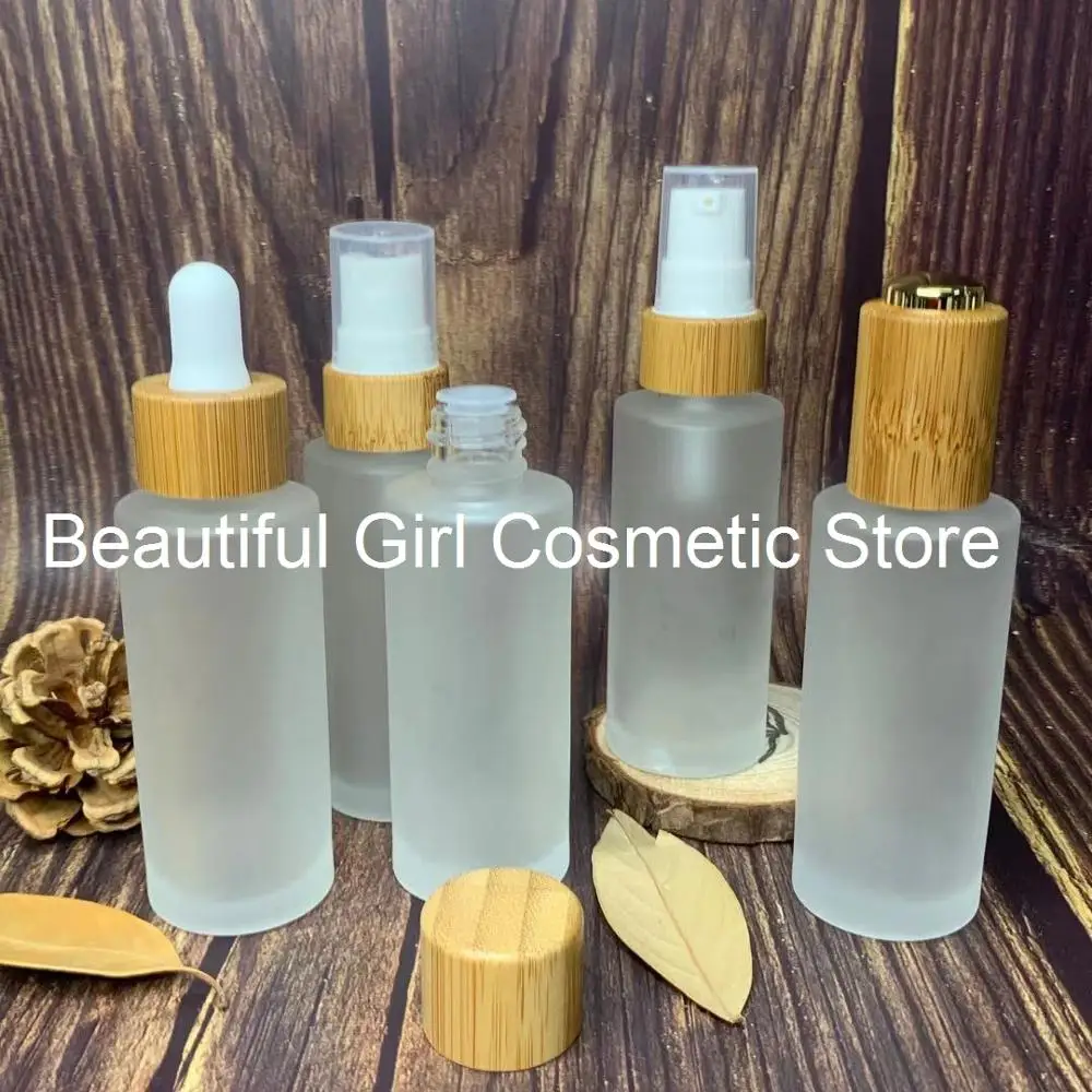 kozmetik ambalaj losyon buzlu cam şişe serum 30ml parfüm sprey şişesi bambu siyah pompa kapağı bambu pipet şişesi Görüntü 3