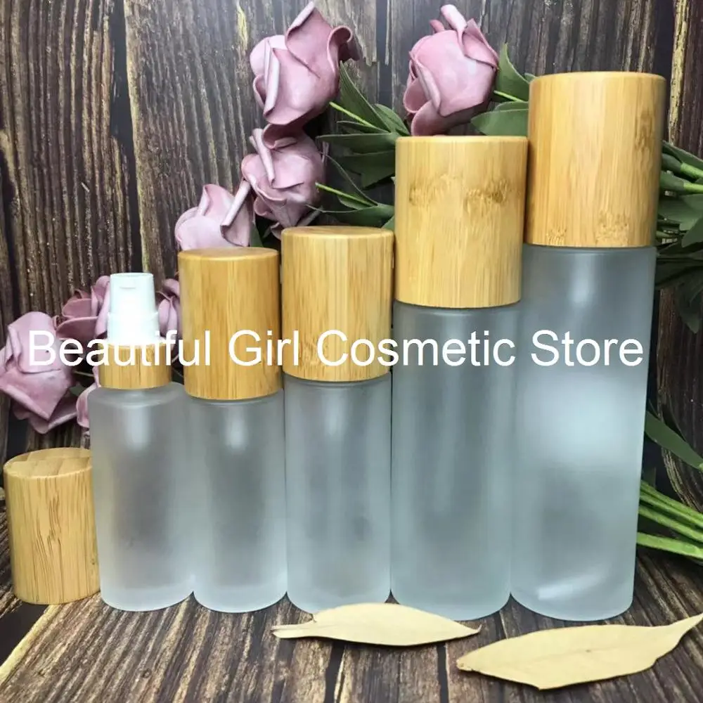 kozmetik ambalaj losyon buzlu cam şişe serum 30ml parfüm sprey şişesi bambu siyah pompa kapağı bambu pipet şişesi Görüntü 5