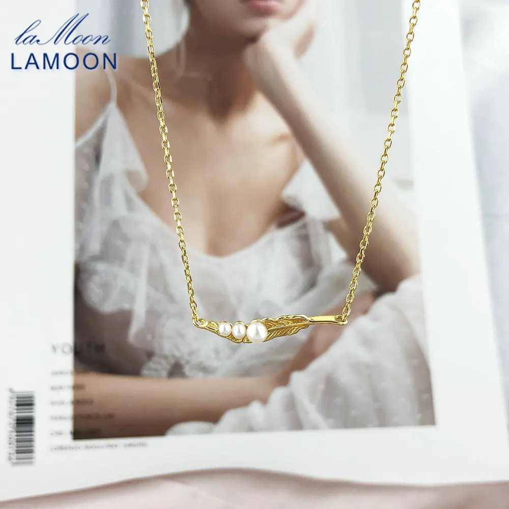LAMOON Tatlısu Inci 925 Ayar Gümüş Kolye Kadınlar Için Tüy Kolye 14 K Altın Kaplama Güzel Takı Zarif Bayan LMNI100 Görüntü 0