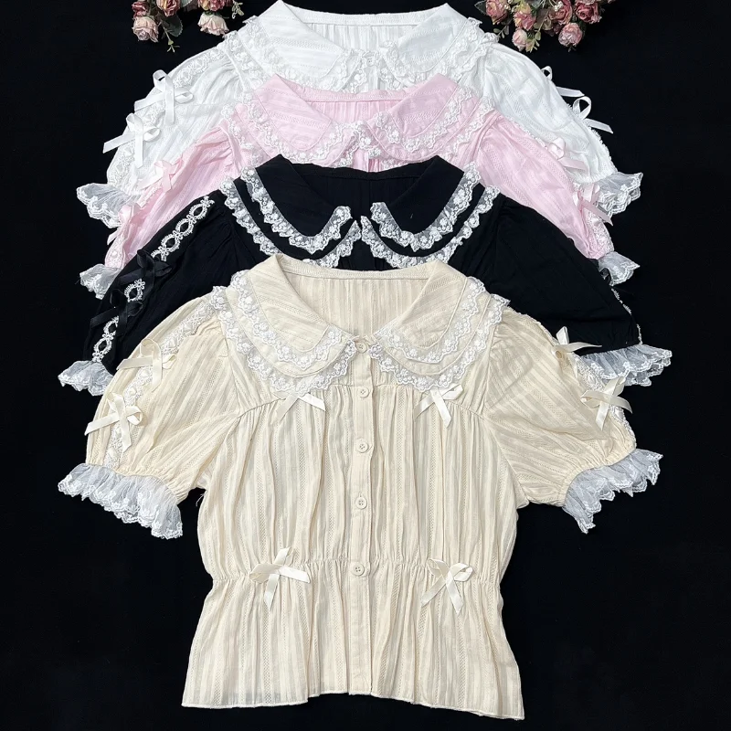 Lolita Üstleri Kadın Gömlek Yaz Pamuk Peter Pan Yaka Kısa Kollu Dantel Trim Yay Dekorasyon Bluzlar Tatlı Kız Kawaii Giysileri Görüntü 0
