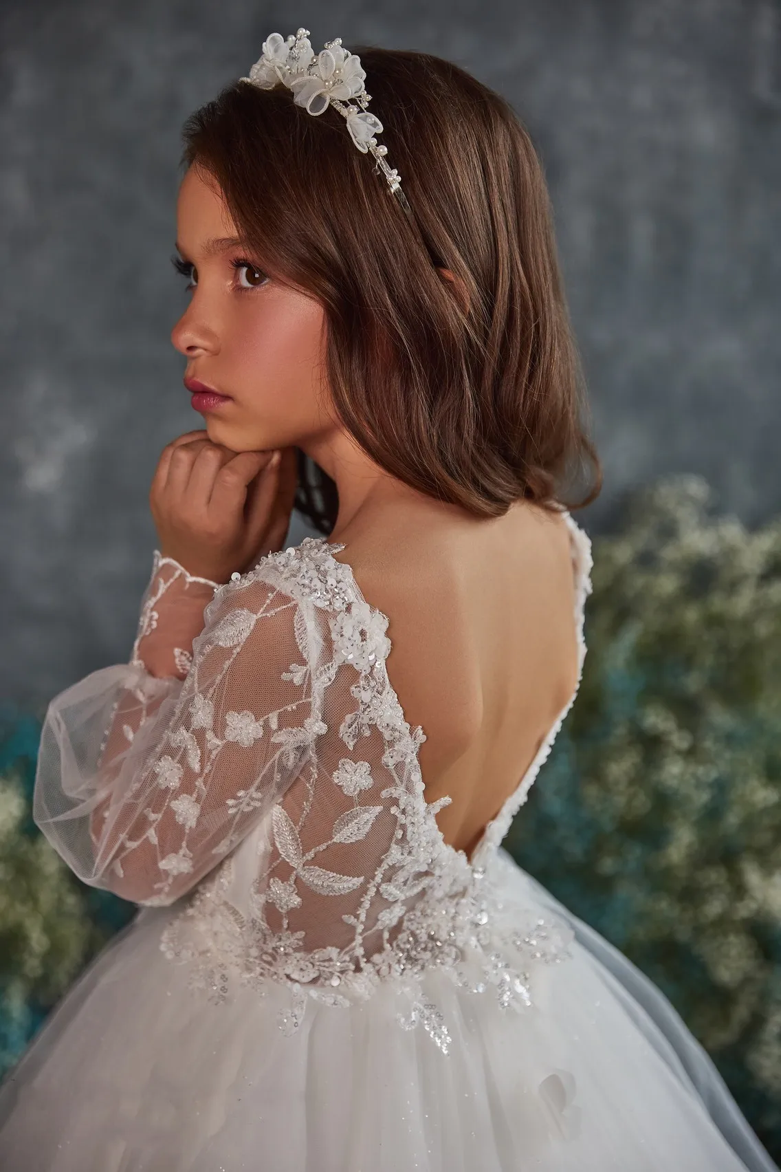 Lüks Fildişi Beyaz Kız Elbise Düğün İçin Parti Uzun Kollu Sheer Boyun Çocuk Prenses İlk Communion Elbise Görüntü 3