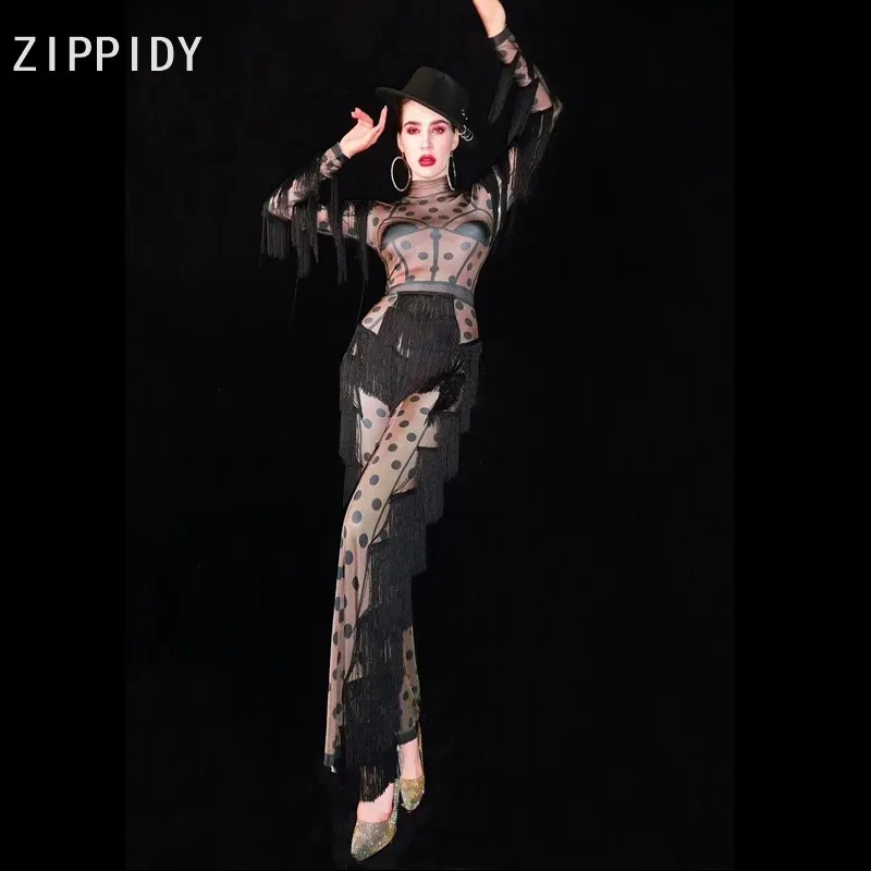 Moda Siyah Çıplak Nokta Saçak Tulum kadın Doğum Günü Balo Büyük Tayt Kıyafet Bar Kadın Şarkıcı Dans Sahne Elbise Görüntü 0