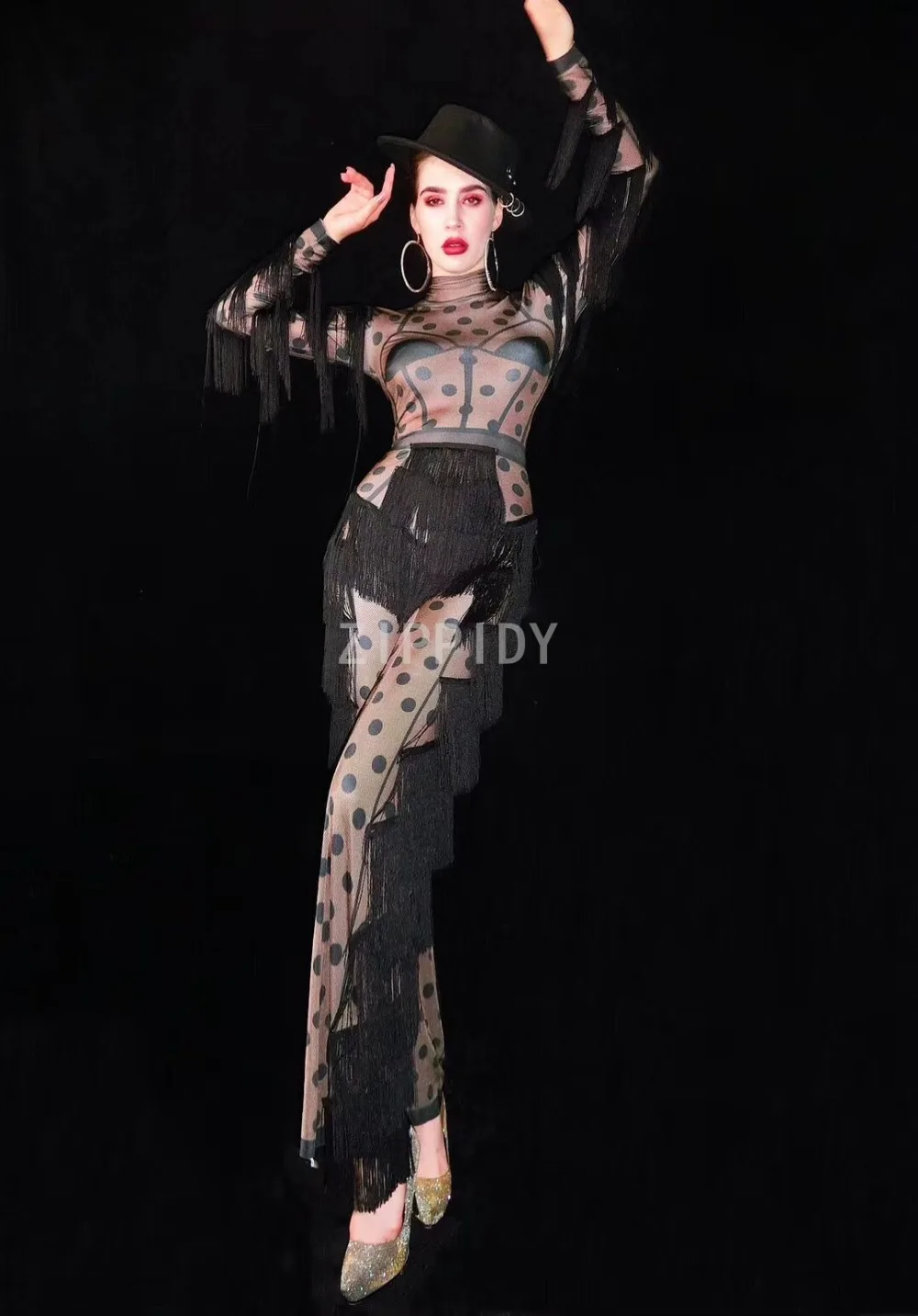 Moda Siyah Çıplak Nokta Saçak Tulum kadın Doğum Günü Balo Büyük Tayt Kıyafet Bar Kadın Şarkıcı Dans Sahne Elbise Görüntü 1