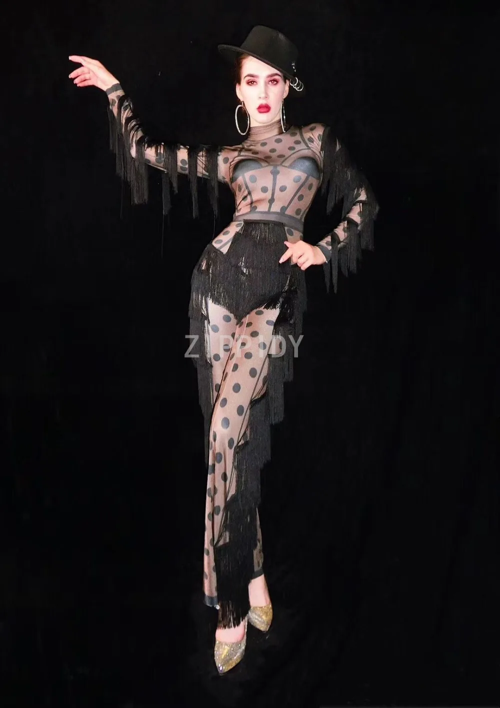 Moda Siyah Çıplak Nokta Saçak Tulum kadın Doğum Günü Balo Büyük Tayt Kıyafet Bar Kadın Şarkıcı Dans Sahne Elbise Görüntü 2