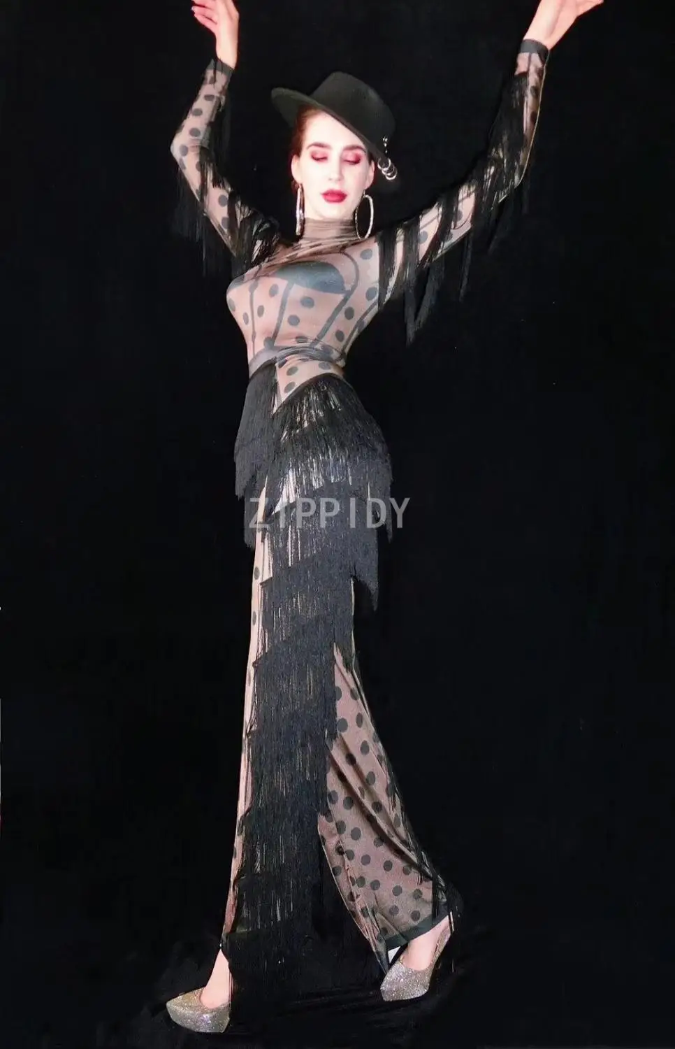 Moda Siyah Çıplak Nokta Saçak Tulum kadın Doğum Günü Balo Büyük Tayt Kıyafet Bar Kadın Şarkıcı Dans Sahne Elbise Görüntü 4