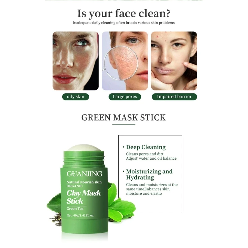 Q1QD Yeşil Çay Temizleme Maskesi Arındırıcı Kil Sopa Maskesi Yağ Kontrolü Cilt Bakımı 40g Görüntü 4