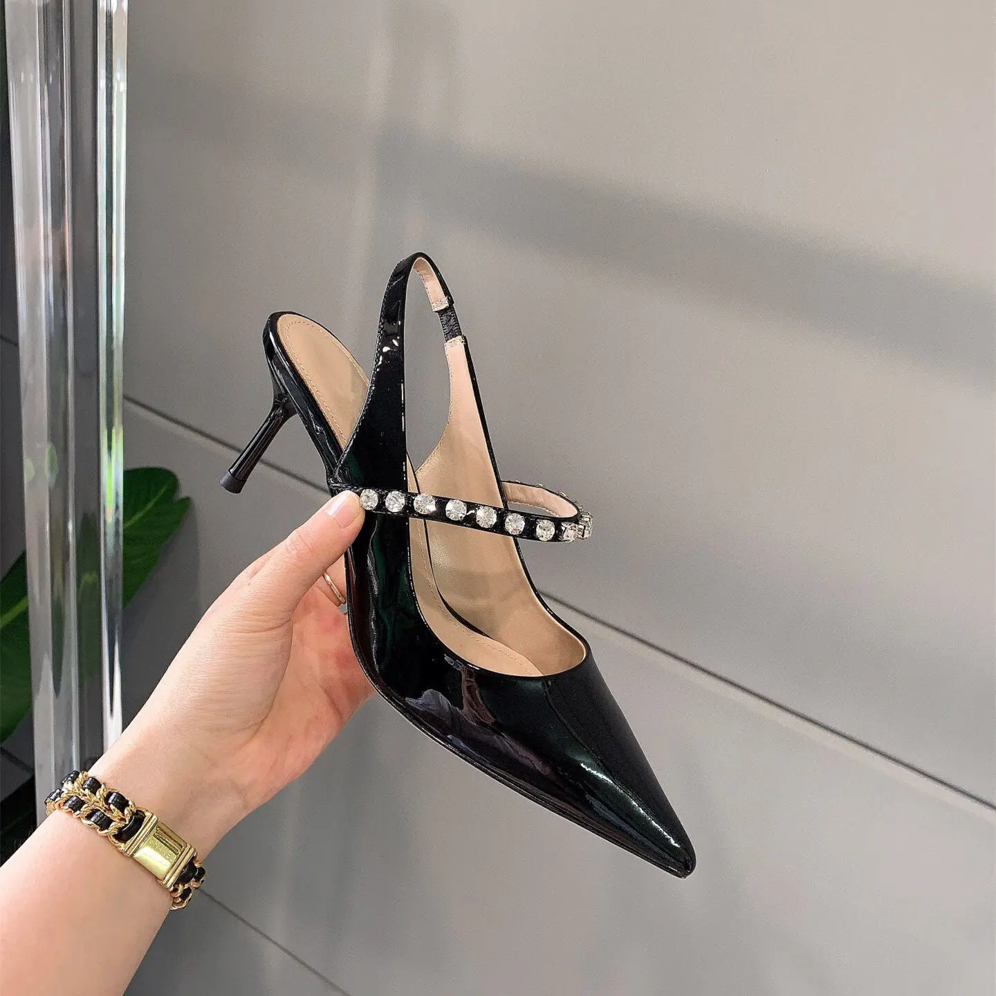 Yaz Bayan Pist Kadın Ayakkabı Hakiki Deri Kristal Strass Slingback Sivri Burun Strappy Yüksek Topuklu Sandalet Zapatos Mujer Görüntü 0