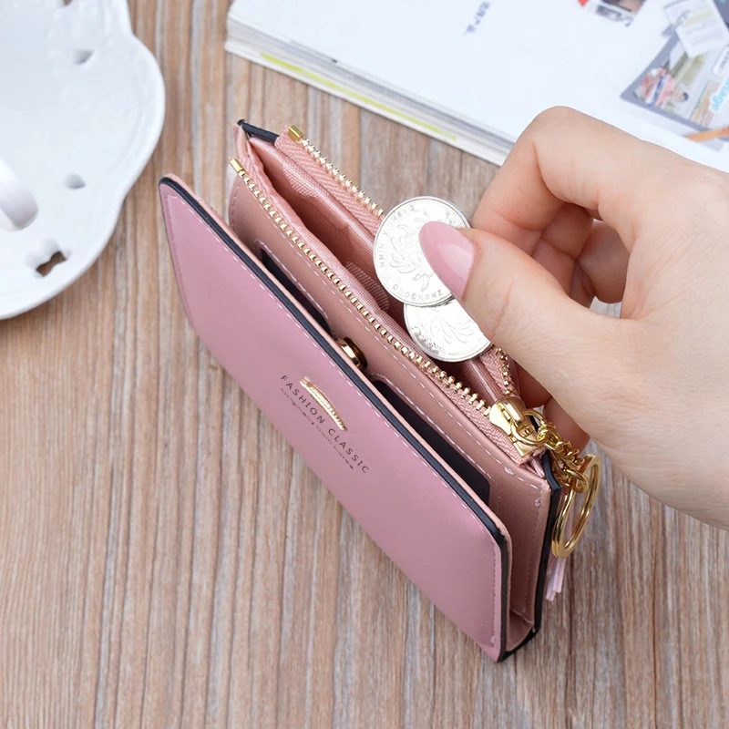 Yeni Bayan Kısa Cüzdan Kadın Fermuar kart tutucu Kadın Öğrenci Basit PU Deri Püskül Yaprak Moda bozuk para cüzdanı Görüntü 0