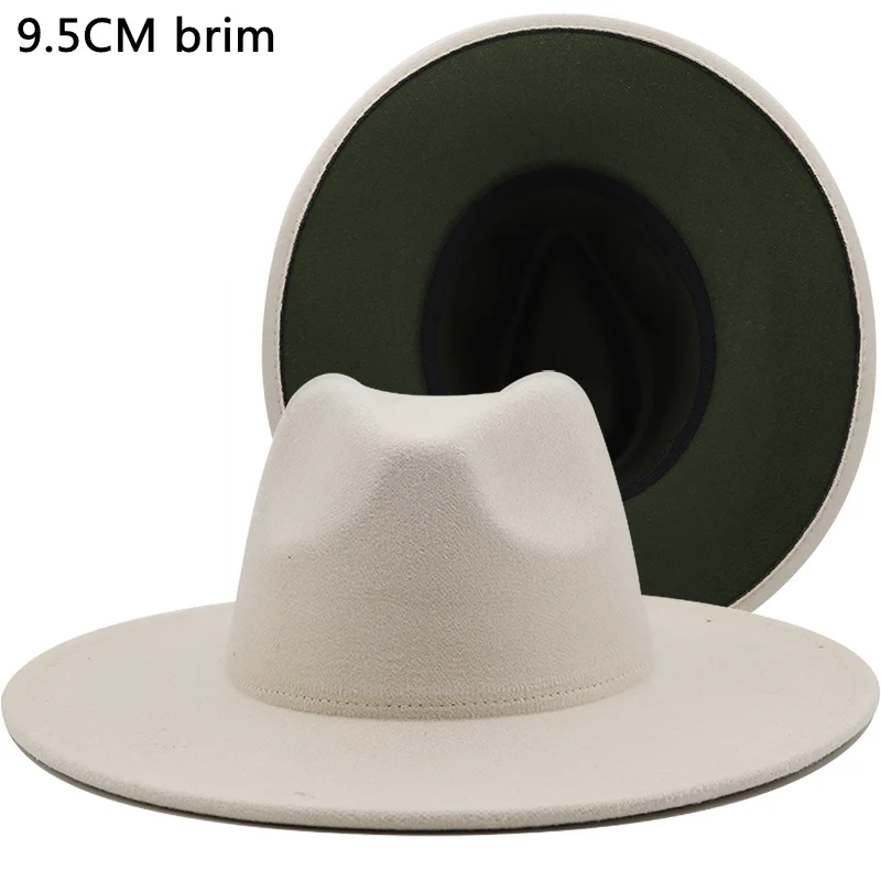 Yeni Dış bej İç yeşil Yün Keçe Caz fötr şapkalar İnce Kemer Tokası ile Erkekler Kadınlar 9.5 CM Geniş Kenarlı Panama Fötr Kap 56-58CM Görüntü 0