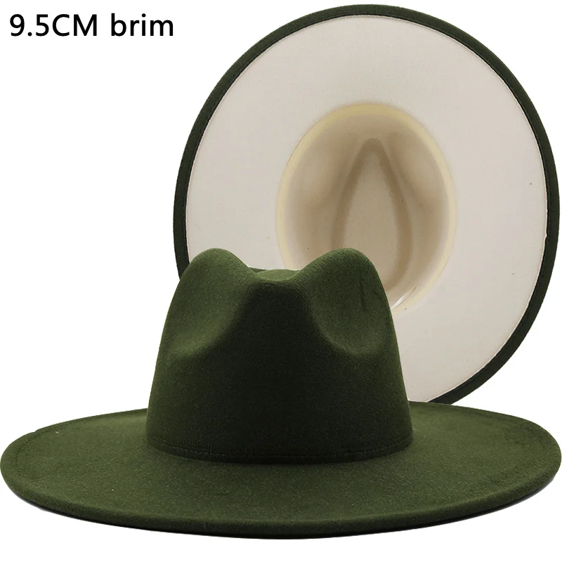 Yeni Dış bej İç yeşil Yün Keçe Caz fötr şapkalar İnce Kemer Tokası ile Erkekler Kadınlar 9.5 CM Geniş Kenarlı Panama Fötr Kap 56-58CM Görüntü 3