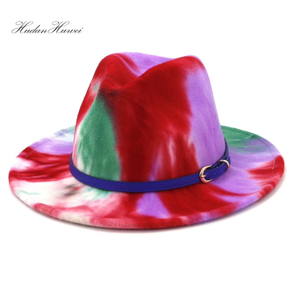 Yeni Erkek Kadın Kravat boya Caz Panama Yün fötr şapka Şapka Düz Geniş Ağız deri kemer Pamuk Polyester Yaz Şapka Görüntü 0