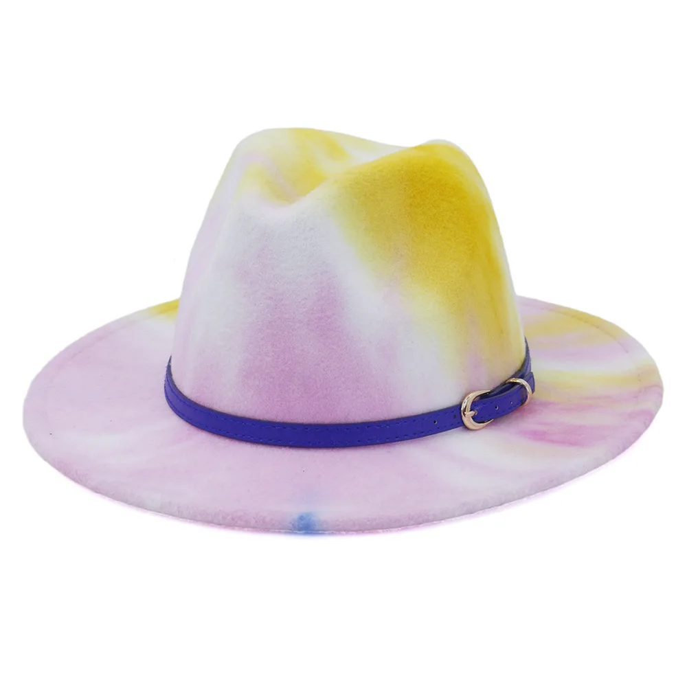 Yeni Erkek Kadın Kravat boya Caz Panama Yün fötr şapka Şapka Düz Geniş Ağız deri kemer Pamuk Polyester Yaz Şapka Görüntü 2