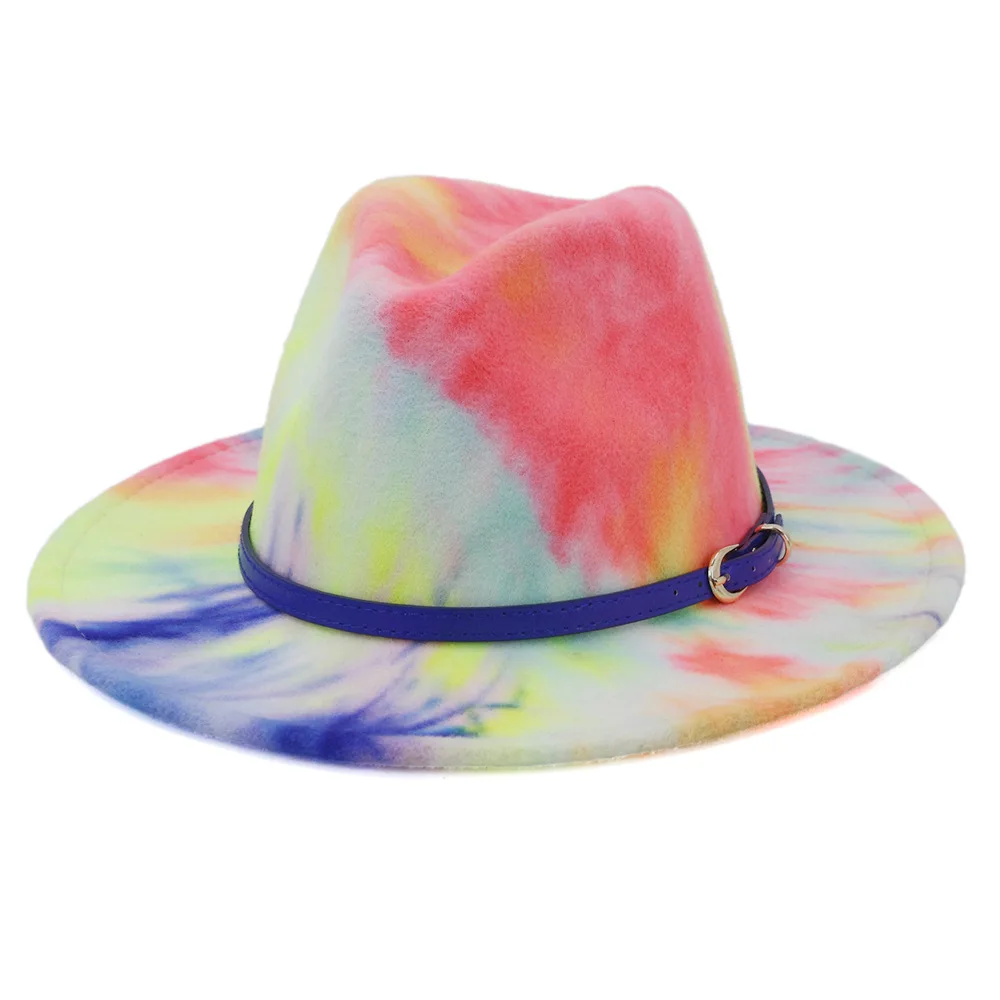 Yeni Erkek Kadın Kravat boya Caz Panama Yün fötr şapka Şapka Düz Geniş Ağız deri kemer Pamuk Polyester Yaz Şapka Görüntü 3