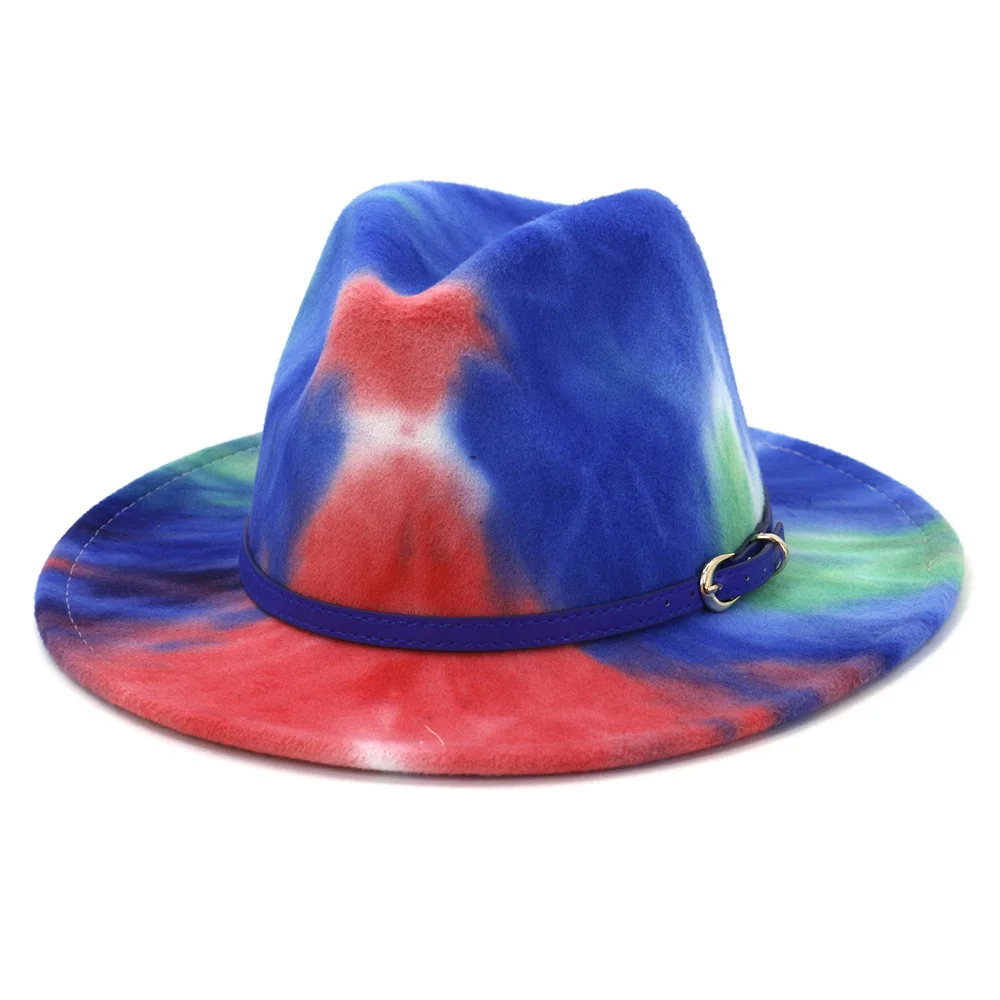 Yeni Erkek Kadın Kravat boya Caz Panama Yün fötr şapka Şapka Düz Geniş Ağız deri kemer Pamuk Polyester Yaz Şapka Görüntü 4
