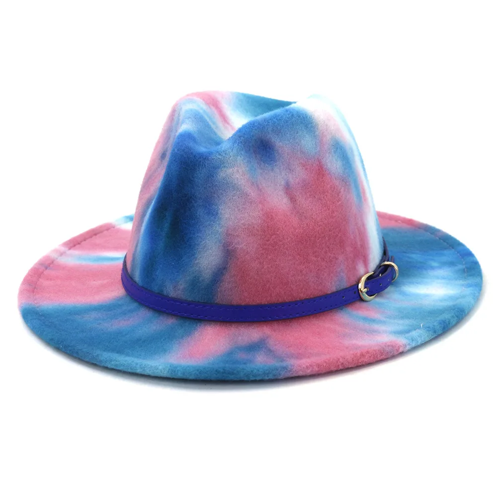 Yeni Erkek Kadın Kravat boya Caz Panama Yün fötr şapka Şapka Düz Geniş Ağız deri kemer Pamuk Polyester Yaz Şapka Görüntü 5