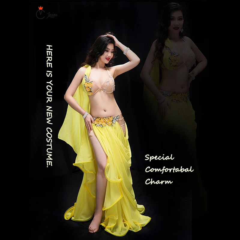 Yüksek kalite Yeni stil seksi oryantal dans kostümü kadın sarı Peri zarif salıncak etek kostüm Zarif Kıyafetler 3 adet Görüntü 1