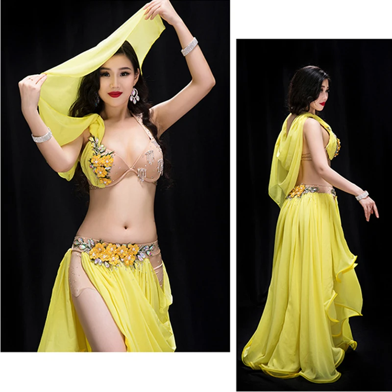 Yüksek kalite Yeni stil seksi oryantal dans kostümü kadın sarı Peri zarif salıncak etek kostüm Zarif Kıyafetler 3 adet Görüntü 2