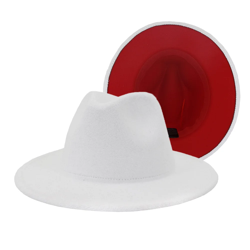 Yün silindir şapka bayanlar geniş ağız tüvit şapka sonbahar kış moda dış beyaz iç kırmızı kombinasyonu caz şapka erkek panama şapka Görüntü 0