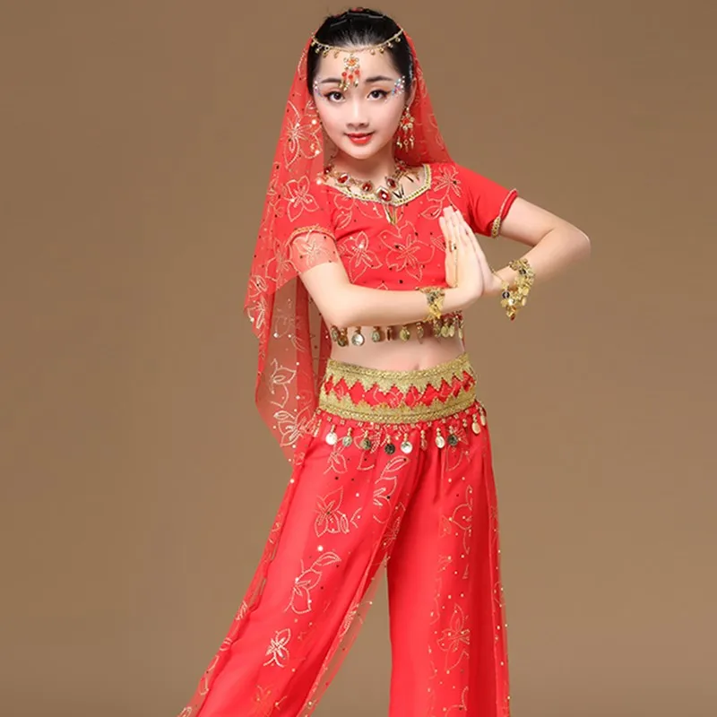 Çocuk Oryantal Dans Performansı Profesyonel Giyim Kız çocuk Günü Gösterisi Kostümleri Hint Dans Uygulama Kaliteli Set H4524 Görüntü 4